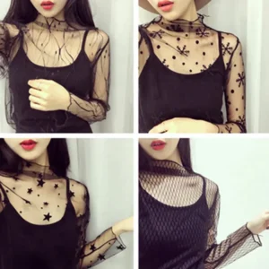 Black Sexy Women‘s T-shirt Fishnet Sheer Transparent Top Women Long Sleeve Bottoming Shirts Lace Mesh Tees Summer Sunscreen Tops