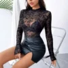 Top Women T Shirt Sexy Bottoming Tops Long Sleeve Flower Mesh Sheer Stand Neck Tees Summer Female Undershirts Blouse 2025